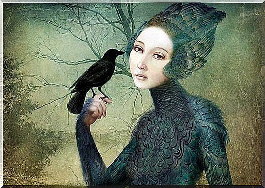 woman with crow thinking of happiness