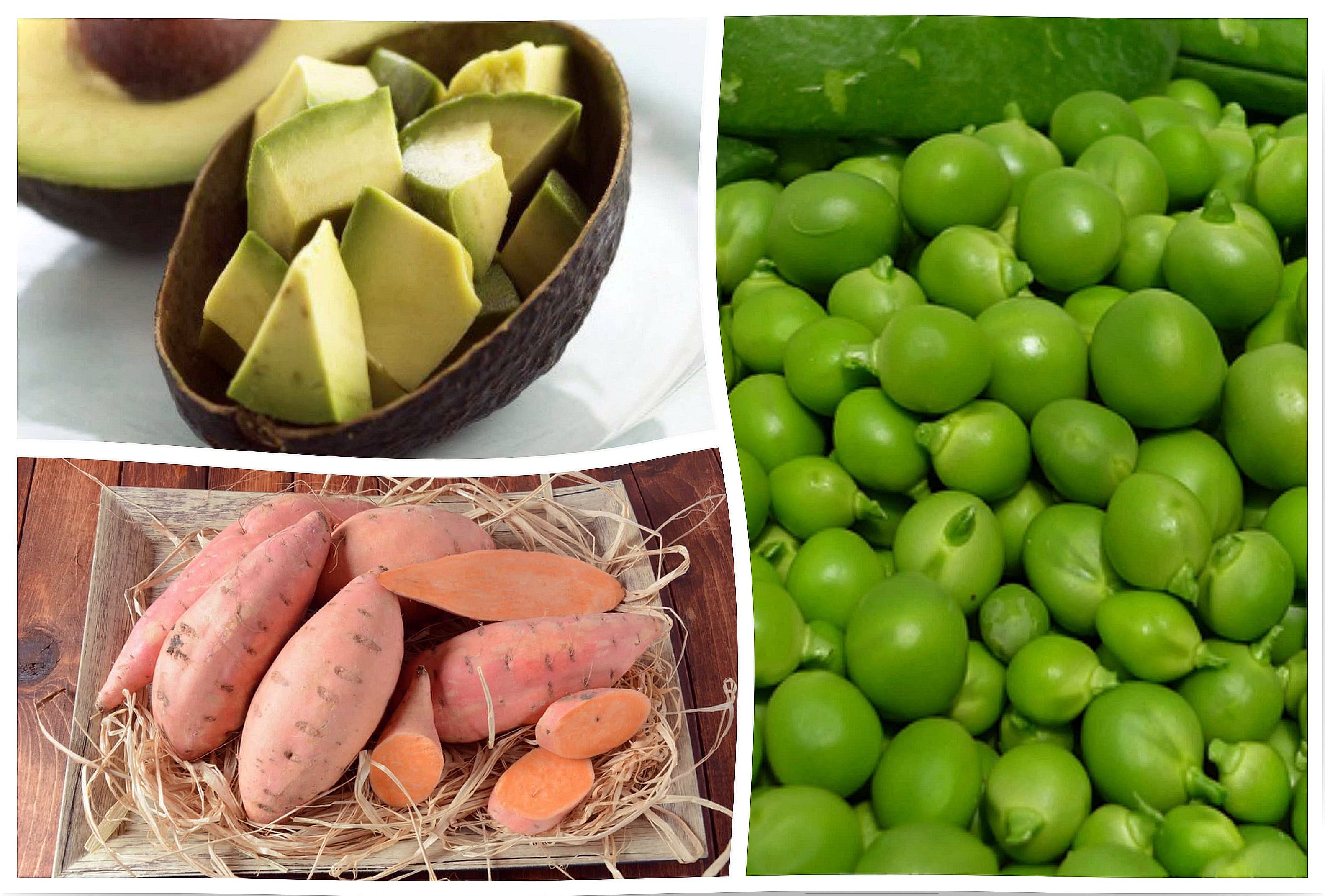 Recipe with sweet potato, peas and avocado.